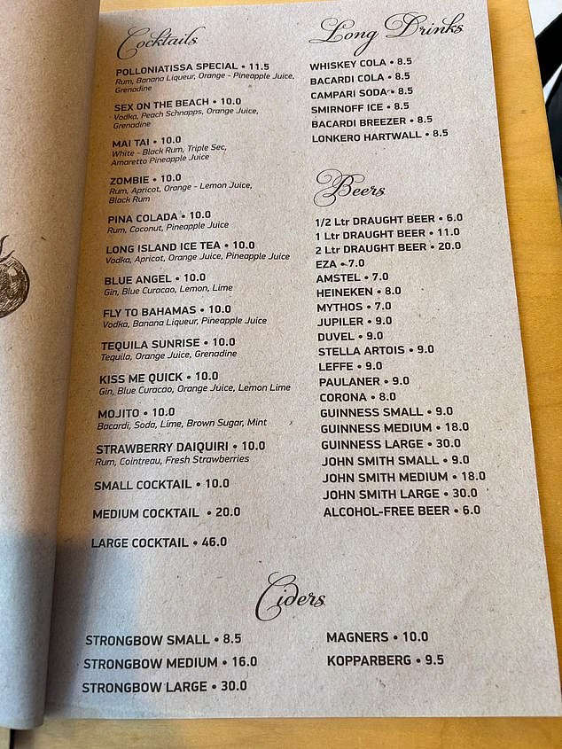 At Polloniatissa, a 'large' cocktail is ¿46 and a large Strongbow ¿30