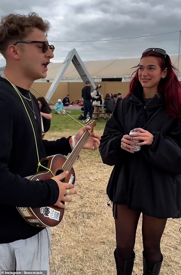Notorious ukulele player Liam C, who went viral after sneaking into last year's festival and horrifying Dua Lipa (pictured) claims to have snuck in again this year