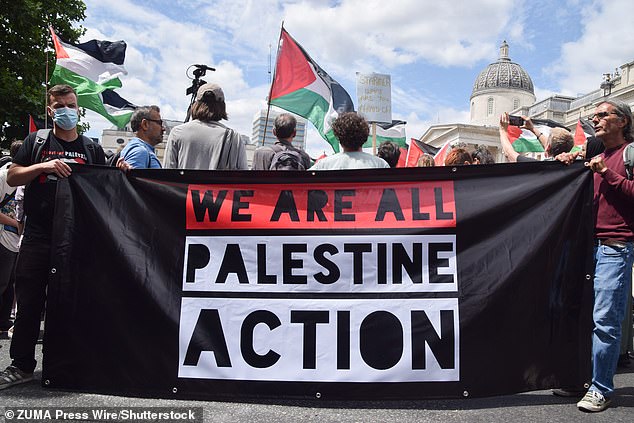 Palestine Action supporters stage a protest in Trafalgar Square against government plans to proscribe the activist group