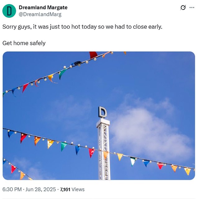 The Margate Drum and Bass Festival at Dreamland Margate, an amusement park in Kent, announced on social media that it was forced to 'close early' as 'it was just too hot today'
