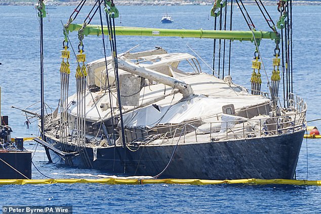The £30million superyacht was last week lifted to the surface for the first time after sinking last August