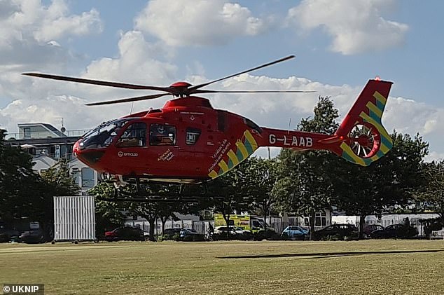 A six-year-old girl, who was also caught underneath the tree when it collapsed, is in a critical condition in hospital. Pictured: An air ambulance at the scene