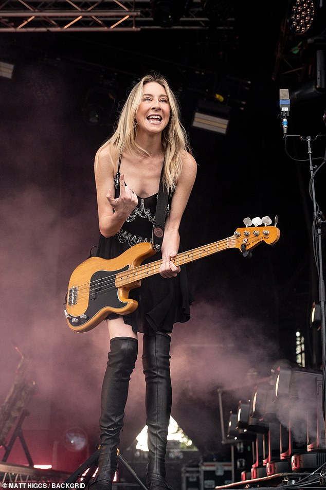 Meanwhile, rock band HAIM kicked a surprise Glastonbury set out of the park on The Park Stage (Este Haim pictured)