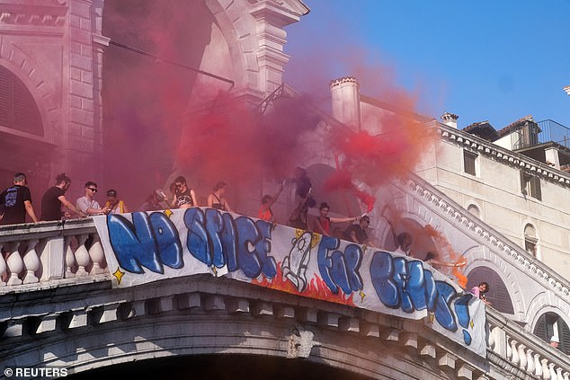 About a dozen Venetian organizations — including housing advocates, anti-cruise ship campaigners and university groups — have been protesting under the banner 'No Space for Bezos'
