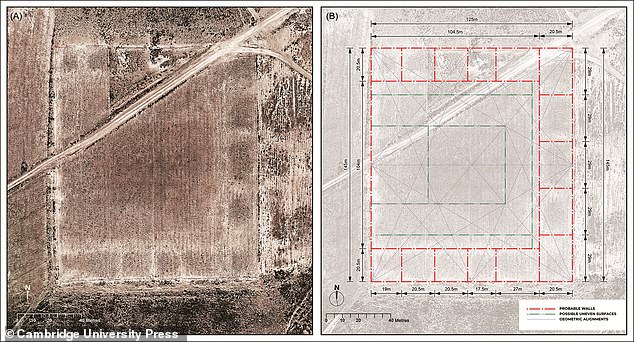 Views of the Palaspata temple: A) an aerial mosaic created from recent drone images, and B) a filtered image showing color differences, overlaid with a grid to outline the temple¿s structure.