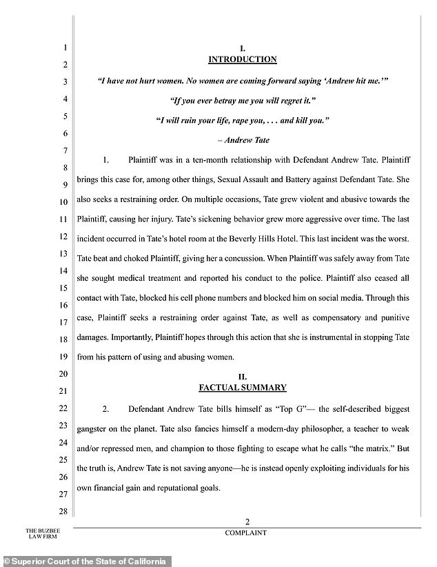 The lawsuit alleges Tate texted her ¿I want to beat the f**k out of you¿