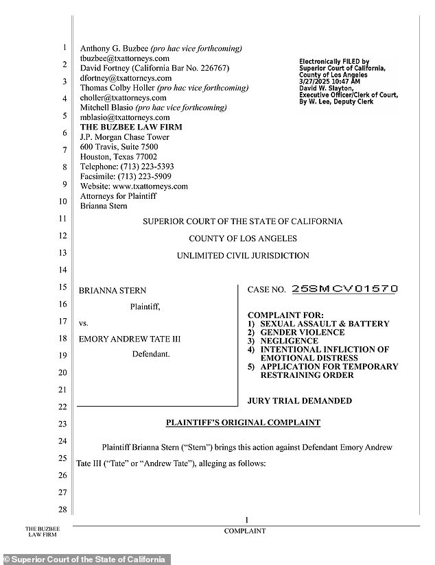 Stern alleges in the filing that Tate 'began choking her while they were having sex, but it got too rough, and although she begged him to stop, he kept going'