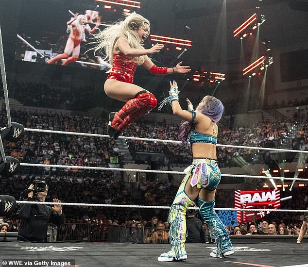 Once at the front door, the affidavit states, Chan allegedly began searching for a way inside - reaching around the doormat, presumably in search of a spare key hidden underneath (pictured: Morgan in the air)