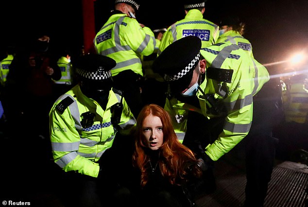 Patsy Stevenson is detained by officers in Clapham Common. Two years later, the Met police paid her compensation