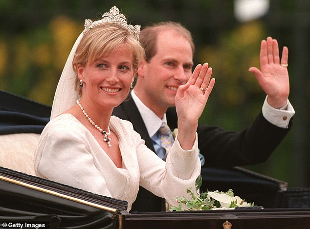 Pictured: Prince Edward and Sophie Rhys-Jones on their wedding day in June 1999. The couple married in St George's Chapel in Windsor