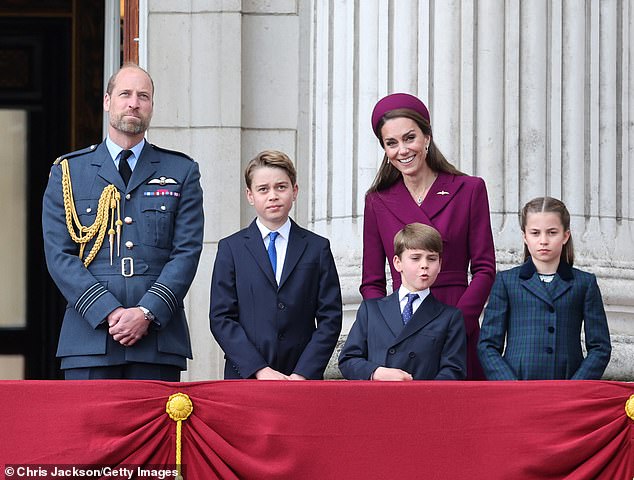 William and Kate have stuck together in sickness and health, welcoming three beautiful children, George, Charlotte and Louis. They are pictured during the military procession to mark the 80th anniversary of VE Day in May