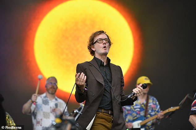 The Britpop icons were concealed as mystery band Patchwork - later revealing themselves on the famous Pyramid Stage after 30 years (pictured)