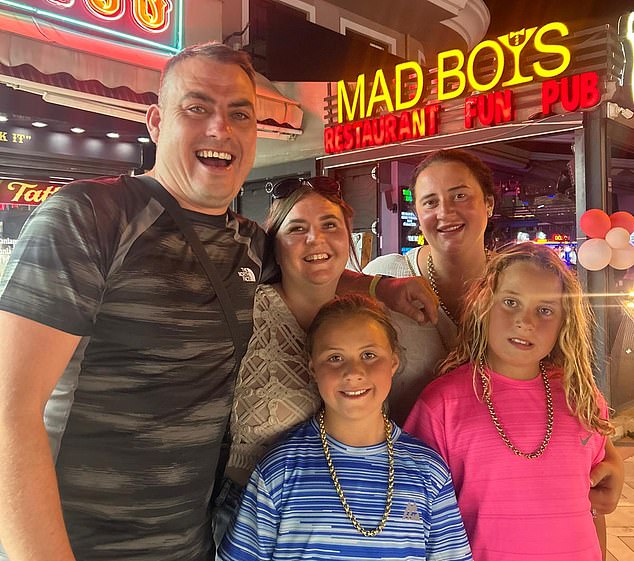 Pictured: Brits Lee Potter, 33, Harriet Walker 29, Janine Potter 29, Thomas, 10, Tallulah, 8. The family say they come to Marmaris every year and have seen a big change