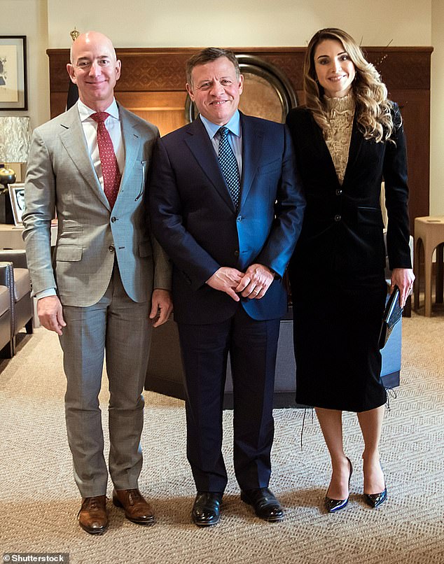 Jeffo Bezos, King Abdullah and Queen Rania are pictured in 2016 at the Al Husseiniya Palace in Amman