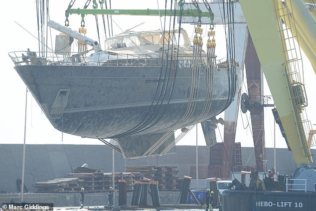 The superyacht Bayesian is raised to the surface off the coast of Porticello, Sicily