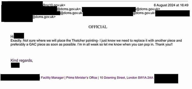 No10 officials made clear that the PM wanted the Thatcher painting out of his study 'as soon as possible'