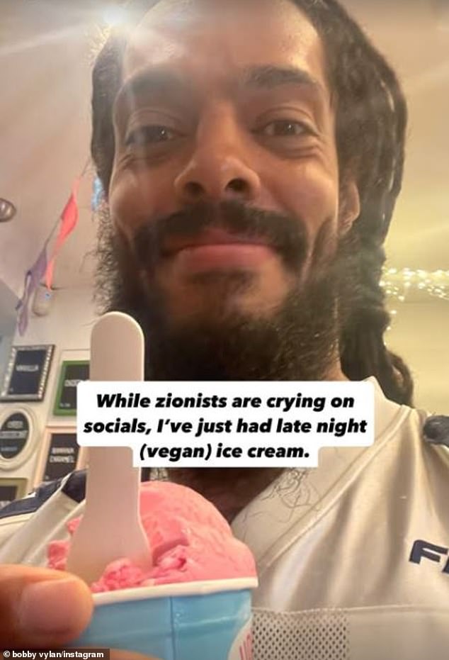 Despite the outrage Bobby Vylan, who performs pseudonymously alongside bandmate Bobbie Vylan, posted a photo of some ice cream as he mocked 'Zionists crying on socials'
