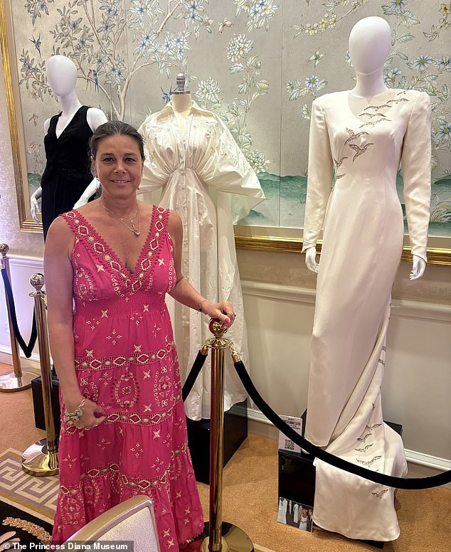The stunning all-white dress with an array of birds printed on it was designed by Catherine Walker for her 1986 Gulf Tour, which included countries Saudi Arabia and the UAE
