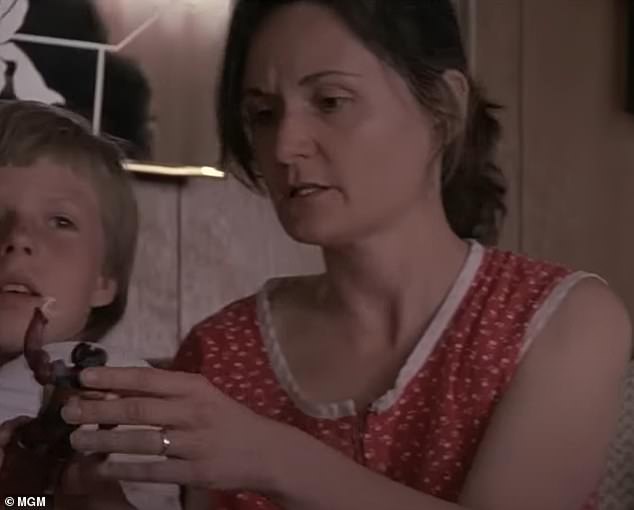 The actress in question is none other than Beth Grant, who featured in the 1988 film Rain Man starring Tom Cruise and Dustin Hoffman; pictured in Rain Man