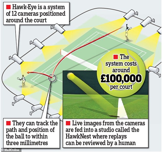Now a stalwart of Wimbledon is the Hawk-Eye electronic system, which uses multiple cameras positioned around the court to track the precise movement of the ball during play. A 3D image is then processed frame-by-frame to show the ball's trajectory and determine whether it was in or out when it touched the turf