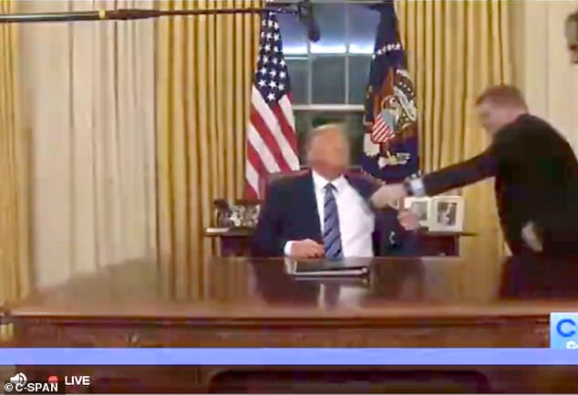 President Donald Trump was caught on a hot mic panicking over an ink stain on his outfit moments before his Oval Office address on the coronavirus pandemic in 2020