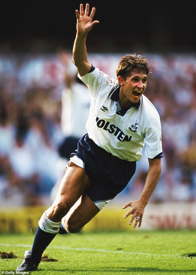 Gary Lineker, pictured celebrating a goal for Tottenham Hotspur in September 1991 during his playing days, has been accused by critics of downplaying the October 7 attacks on Israel