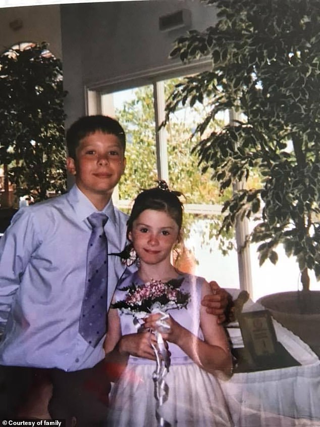 Brett Dryden (left) as a young boy in shirt and tie with with his beloved sister Shannon