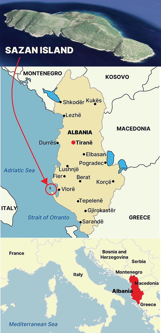 Pictured: Sazan is just 9 miles off the coast of Vlorë in the Mediterranean Sea