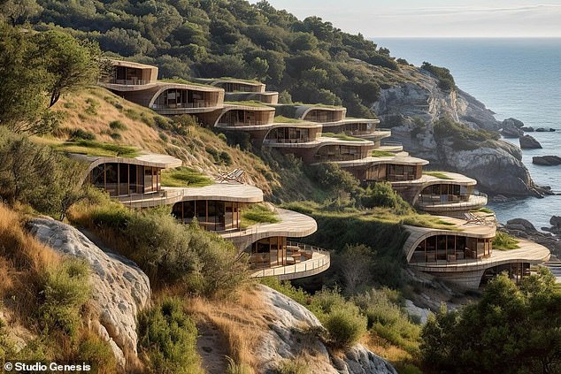 An early rendering of the dwellings that look like Hobbit homes envisaged by Ivanka Trump that will be carved into cliff tops on uninhabited Sazan island in the Mediterranean Sea