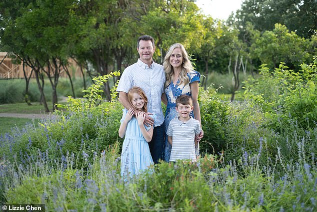 Pictured: The Tarpley family near their home in Austin, Texas. Tarpley is trying to make sure her children don't develop eating disorders in later life