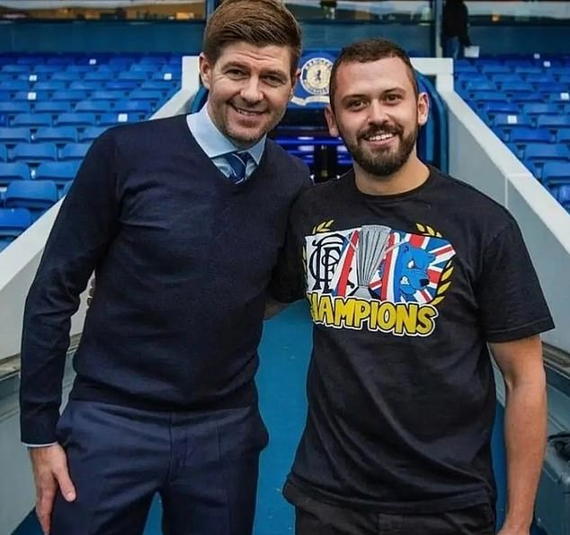 The man at the centre of the violent gang war is believed to be Ross McGill, a Rangers FC hooligan pictured here with former Rangers boss Steven Gerrard - whose daughter Lilly is engaged to the son of a top ranking Kinahan cartel thug associated with the Lyons gang