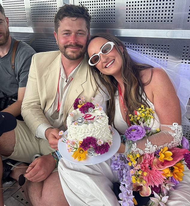 Cake maker Charlie Lowe, 31, (right) and her partner Charles Shires, 32, (left) an aerial surveyor, made their love official this week at the iconic festival