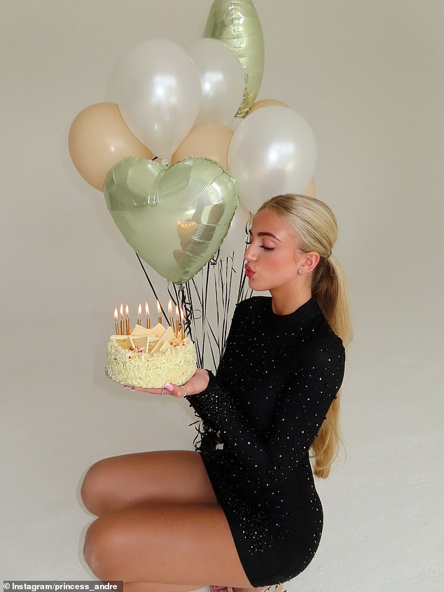 While posing up a storm with a birthday cake, Princess wore her long, blonde hair in a pony tail as it flowed down her back for the snaps