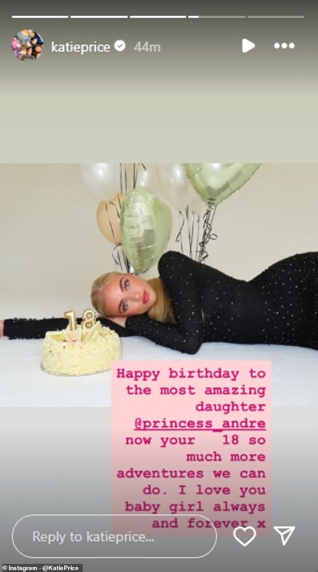 In a follow up, Pricey added: 'Now you're 18 so much more adventures we can do. I love you baby girl always and forever'