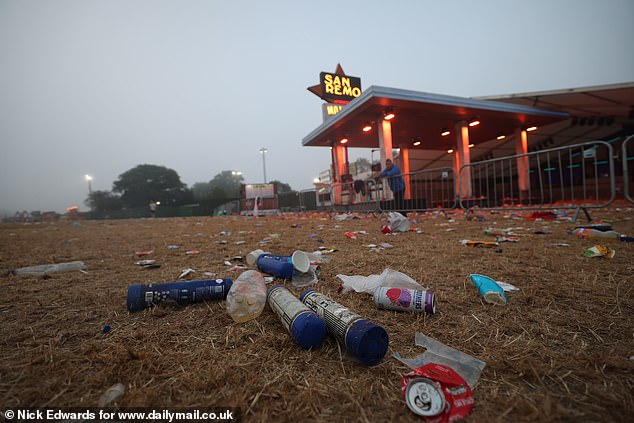 Empty canisters of nitrous oxide - also known as hippie crack or whippets - can be seen strewn amongst the litter, as well as discarded bags of white powder and novelty-shaped pills