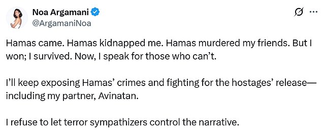 'I refuse to let terror sympathizers control the narrative,' Argamani said in a statement to X after the ordeal