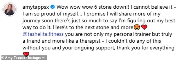 Struggling to contain her joy, Amy captioned the clip: 'Wow wow wow 6 stone down!! I cannot believe it - I am so proud of myself…'