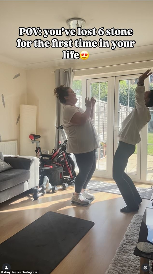 In April, she shared a clip of her becoming visibly emotional as she weighed herself and realised she'd shed 6st, before cheering and jumping up and down in celebration with her personal trainer