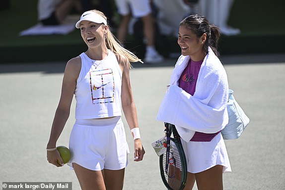 Picture - Mark large.    -   29/06/2025Wimbledon Championships 2025.Warm up day six.Katie Boulter and Emma Raducanu  at  Aorangi Park  ahead of the Wimbledon Championships 2025 .