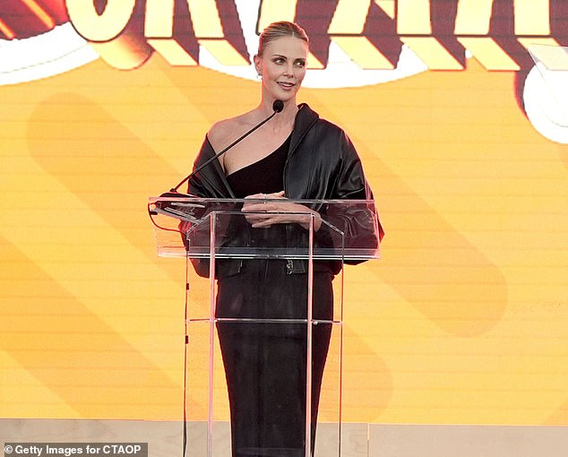 Charlize Theron eviscerated Jeff Bezos and Lauren Sanchez's wedding extravaganza at her charity event Block Party on Saturday night; pictured at her Saturday event