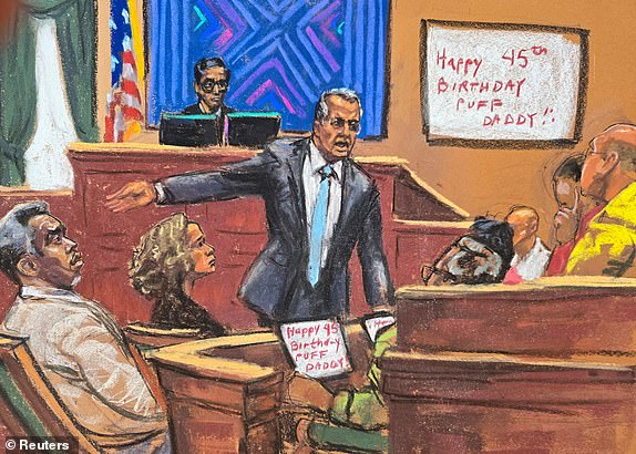 Sean "Diddy" Combs listens as his lawyer Marc Agnifilo makes his closing arguments during Combs' sex trafficking trial in New York City, New York, U.S., June 27, 2025 in this courtroom sketch. REUTERS/Jane Rosenberg