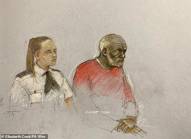 Court artist drawing by Elizabeth Cook of Ryland Headley (right) in the dock at Bristol Crown Court