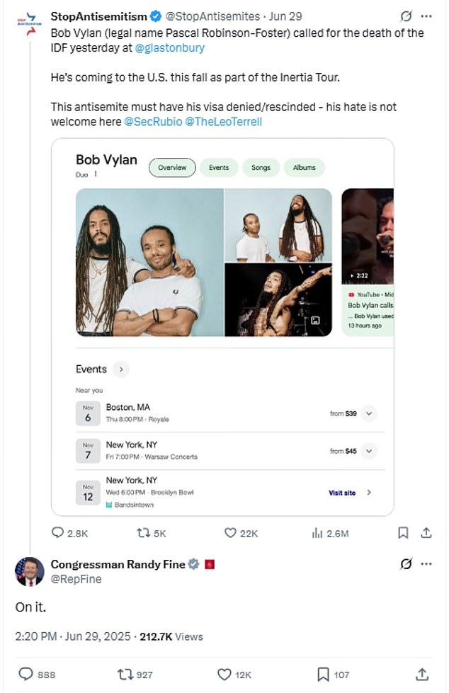 Congressman Randy Fine called for the band members' visas to be revoked in an X post