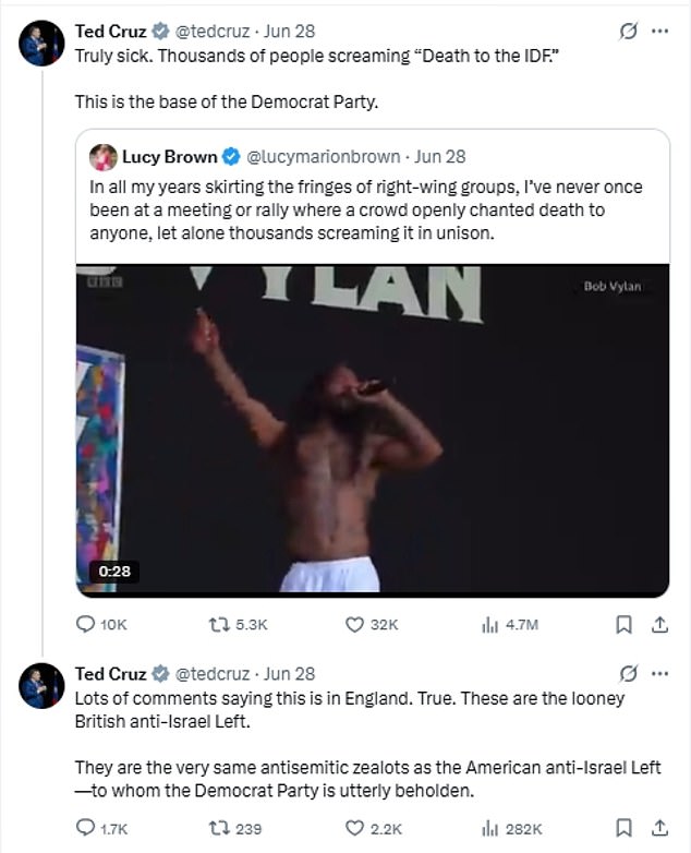 Republican Senator Ted Cruz also shared a video of Bob Vylan leading 'free Palestine' and 'death to the IDF' chants at Glastonbury on X, condemning it as 'truly sick'
