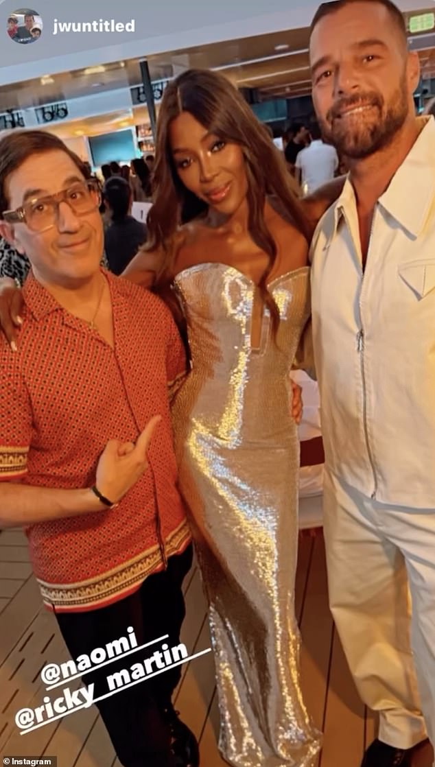 The actor, was joined on the swanky superyacht alongside 450 other VIPs including likes of Naomi Campbell (pictured with Ricky Martin, right, and talent agent Jason Weinberg, left)