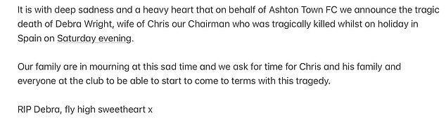 A message released by Ashton Town FC as a tribute to Debra on social media today