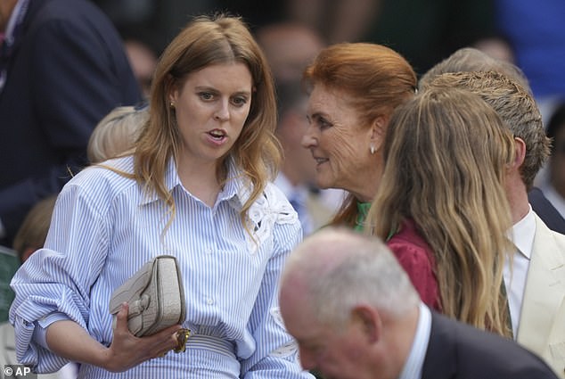 Princess Beatrice, 36, looked effortlessly chic as she stepped out in a £445 blue and white striped shirt and skirt embroidered with large white flowers from Sandro Paris