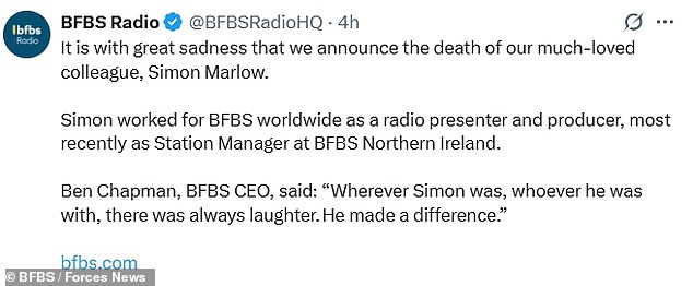 Simon had worked for the British Forces Broadcasting Service since 2007 and sadly died in London on Friday June 27