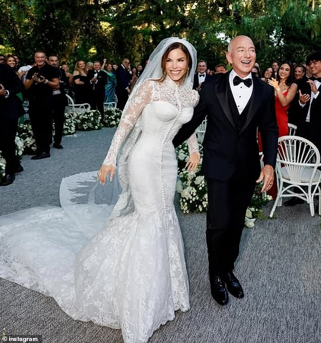 Even in a classic tux and sporting a buff rebuild, Jeff looked more like a conference-bound salesman than a tech titan. Meanwhile Sanchez’s actual bridal gown – high-necked and made from hand-appliquéd Italian lace – marked a rare moment of understated restraint.