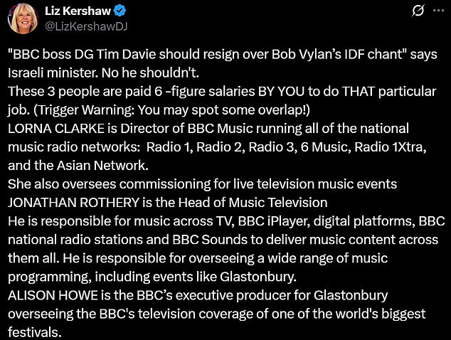 Former BBC broadcaster Liz Kershaw named three Glastonbury executives who she blames for the scandal. A BBC spokesman insisted to MailOnline it is false to say they are in the firing line despite their senior positions